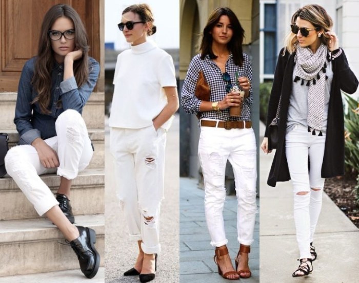 Avec quoi porter des jeans blancs été comme hiver, femmes et hommes. Une photo
