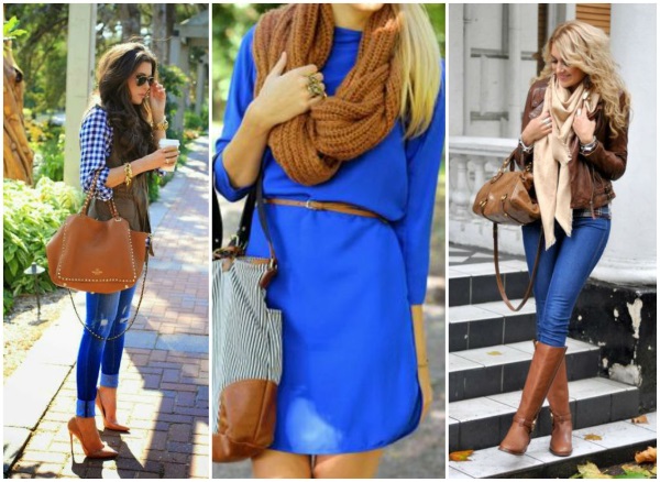 La combinaison du bleu et du marron dans les vêtements pour femmes et hommes. Photos, exemples d'images