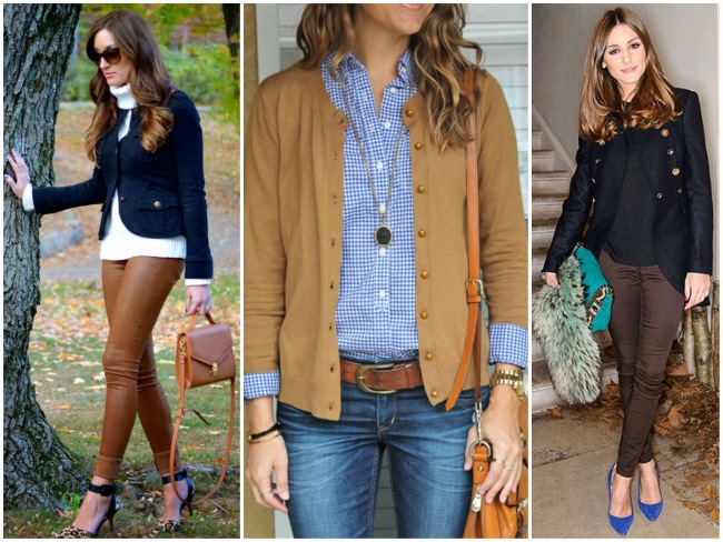 La combinaison du bleu et du marron dans les vêtements pour femmes et hommes. Photos, exemples d'images