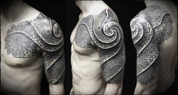 Tatouages ​​pour hommes sur l'épaule: motifs slaves, celtiques, inscriptions, avec un sentiment de force et de bonté, noir et blanc et couleur