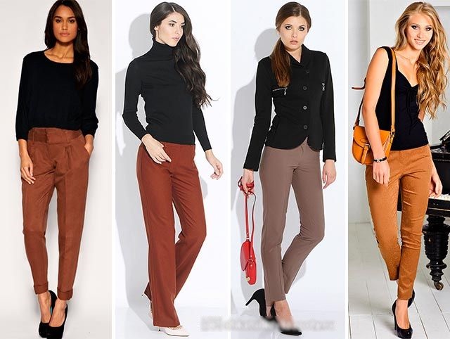 Avec quoi porter un pantalon marron pour femme, homme. Photo: velours côtelé, cuir, plaid, imprimé, flèches, étroit et large, classique