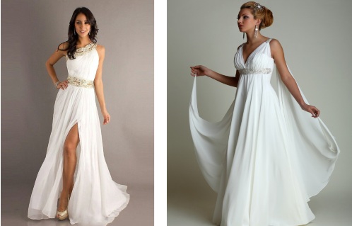 Robes de mariée à la grecque pour femmes enceintes, filles pleines, nuances délicates, avec manches. Styles et modèles réels, recommandations de sélection