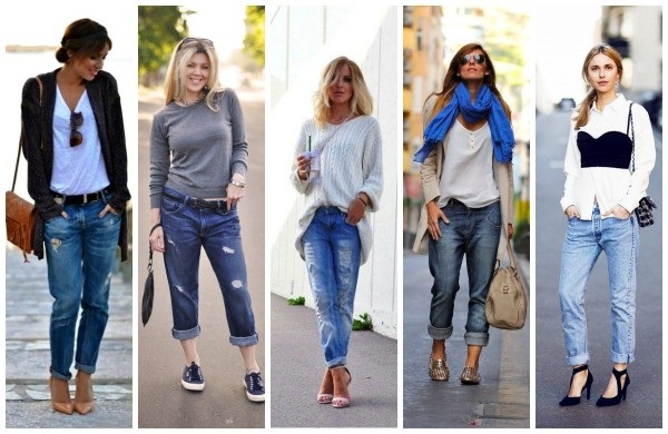 Que porter avec un jean bleu pour femme. Photo avec une taille haute, taille haute, déchirée. Images et idées à la mode