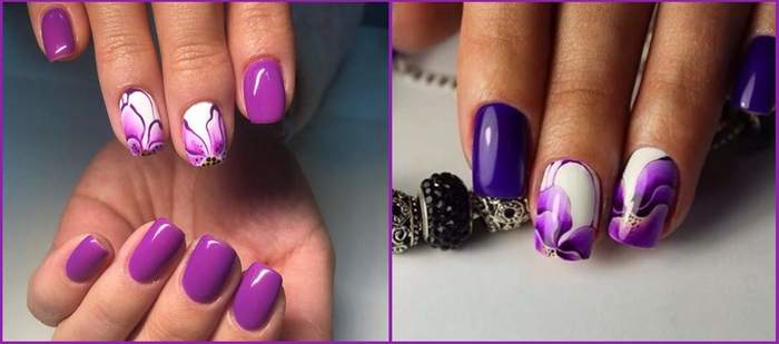 Manucure violette avec du blanc. Photo avec images, avec strass, dessins pour ongles courts et longs