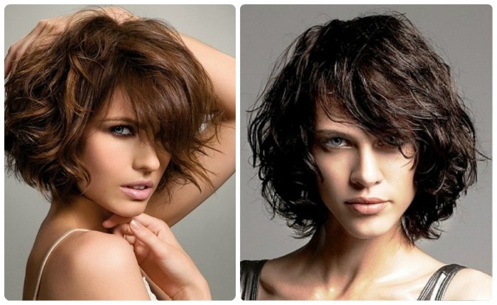 Coupes de cheveux bouclés de longueur moyenne pour les femmes. Photo sans style, avec une frange