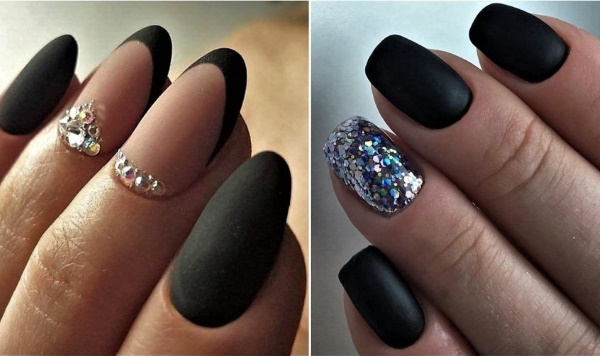 Conception d'ongles de couleur noire. Photo de vernis gel manucure avec strass, paillettes, français, ombre