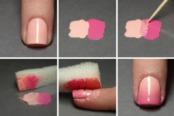 Manucure avec des paillettes roses sur les pointes, motif, feuille, français. Photo de créations de mode