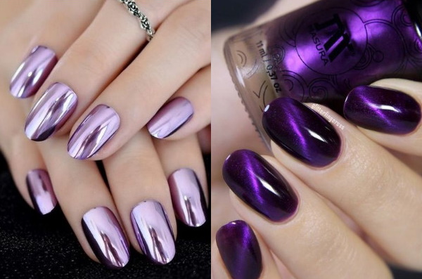 Manucure violette avec des dessins pour ongles courts et longs. Une photo