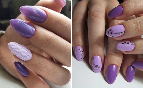 Manucure violette avec des dessins pour ongles courts et longs. Une photo