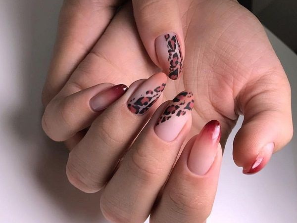 Manucure léopard. Photo, tirages avec vernis gel: rouge, rose, blanc, noir, français